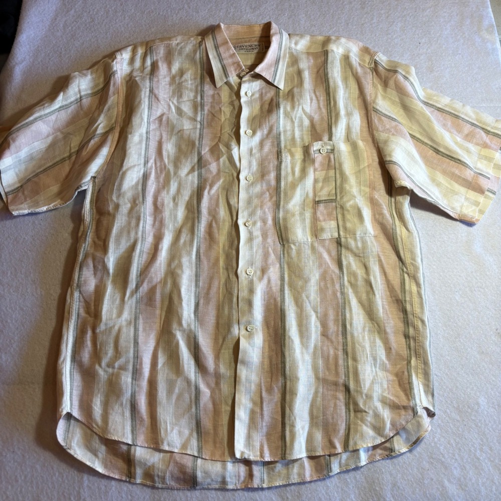 Vintage Givenchy Gentleman Paris Striped Linen Short Sleeve‎ Button Down Shirt L